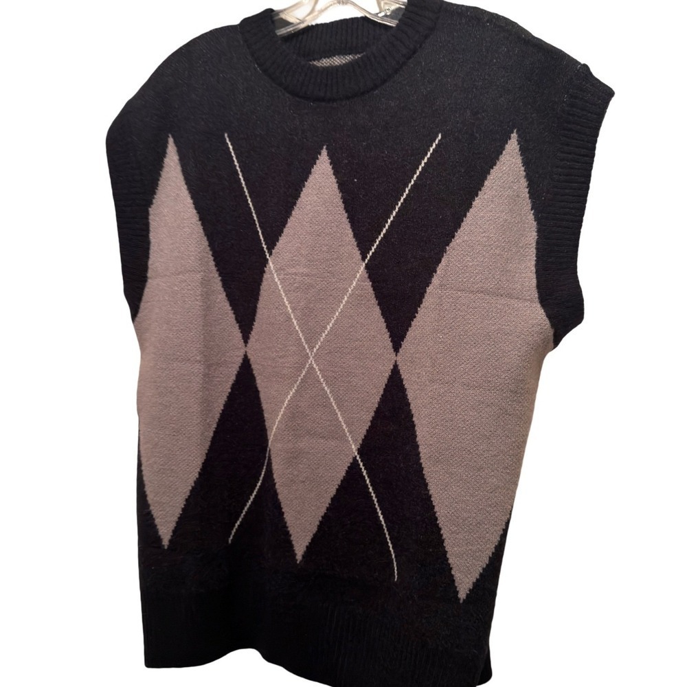 NEW Mens Black Argyle Sweater Vest Sleeveless Preppy Academia Classic Fit Size M - Picture 3 of 4